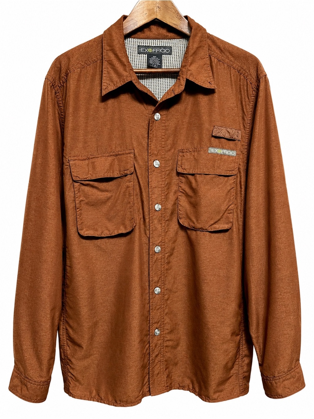 ExOfficio Vented Fishing Hiking Travel Shirt Brown Nylon Mesh Outdoor Utility L